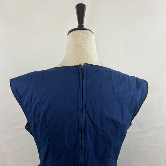 Lindy Bop Fit & Flare Dress US L Navy Blue Black Trim Pleated Sleeveless Bow - Picture 9 of 13